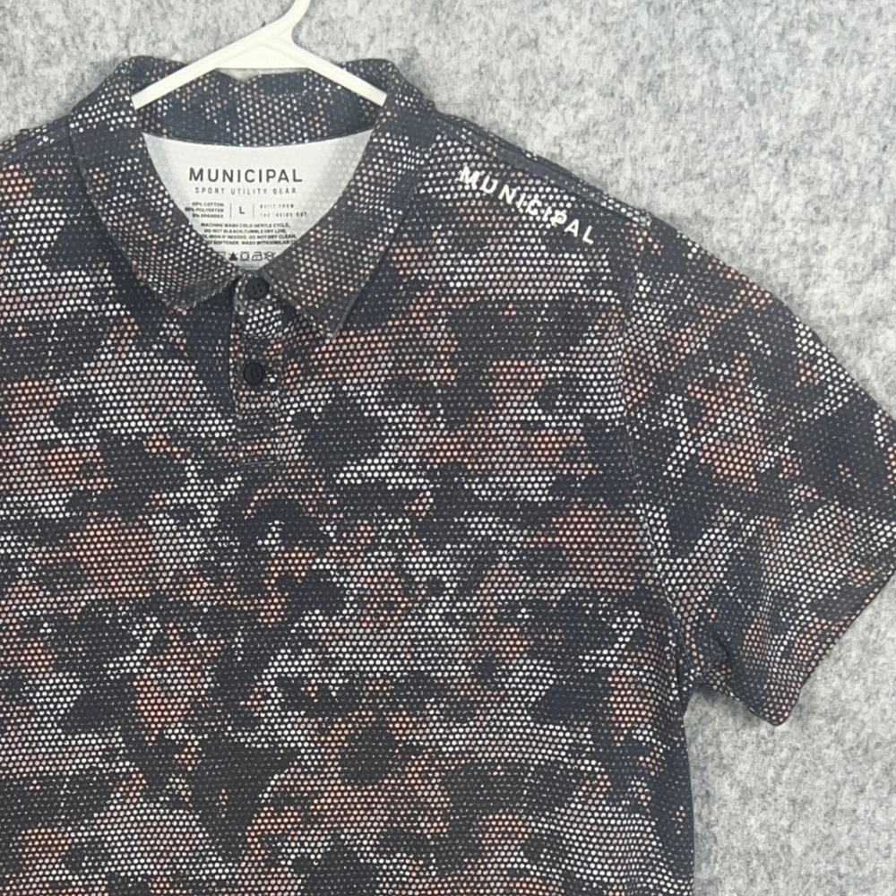 Municipal Sport Utility Gear Mens Large Camo Dot Polo Shirt Black Orange Stretch